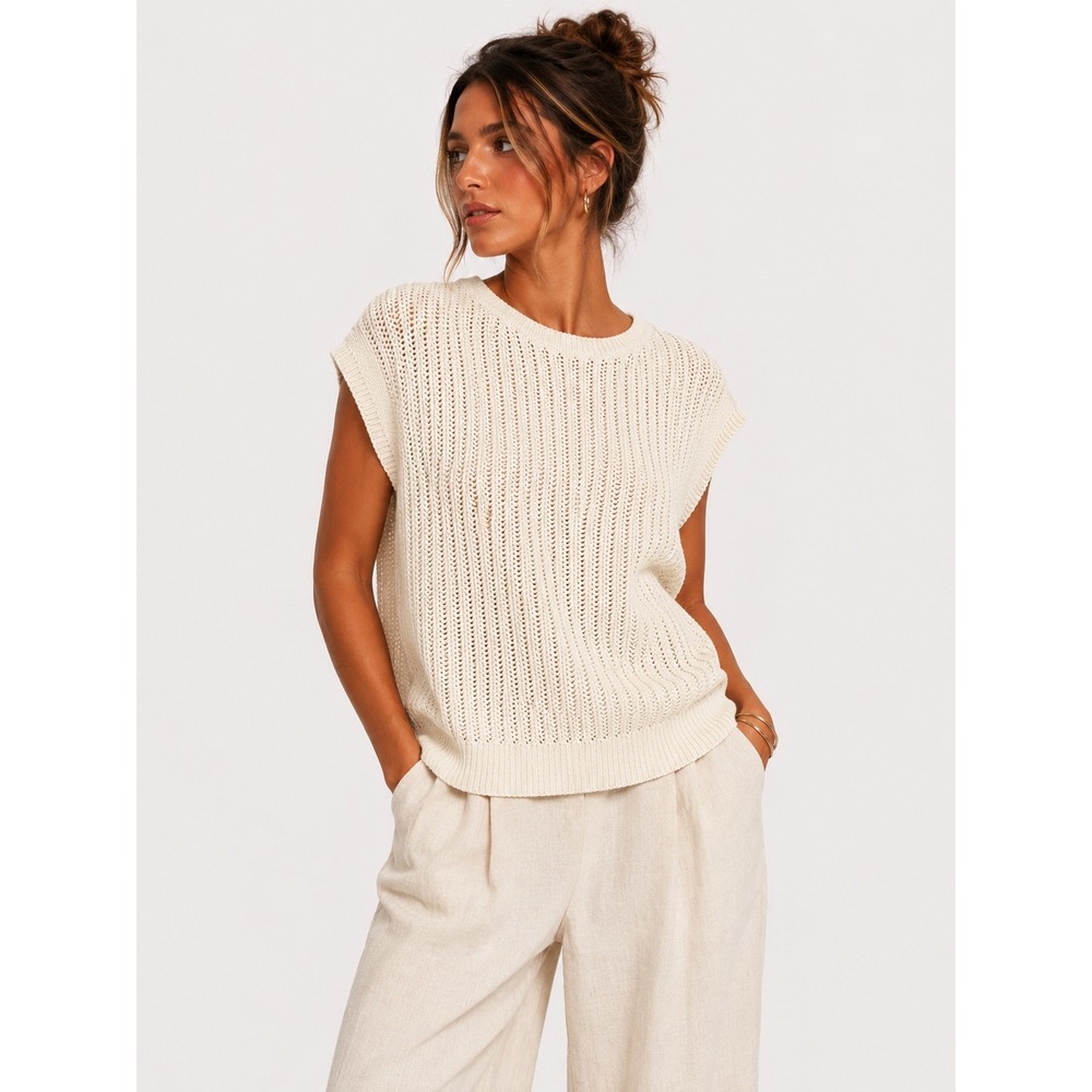 Frye Cream Cotton Blend Open Knit Crochet Sleeveless Sweater Vest Top M